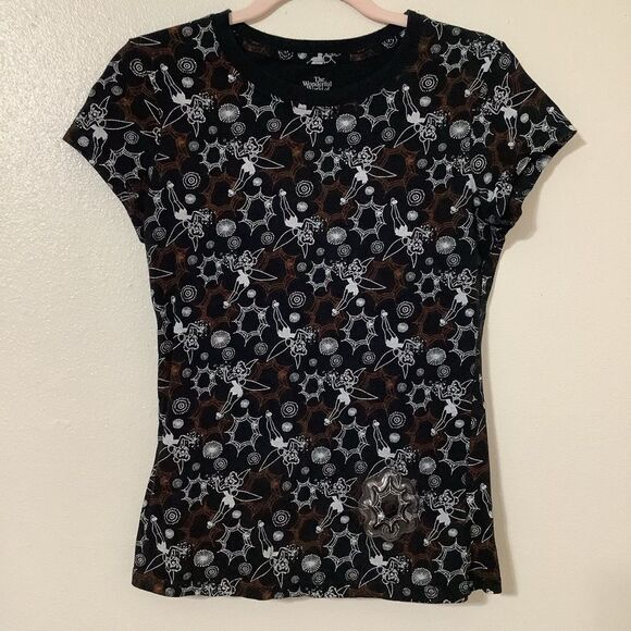 Disney Black Goth Whimsigoth Spooky Halloween Tinker Bell Graphic Tee Juniors L - Picture 1 of 15